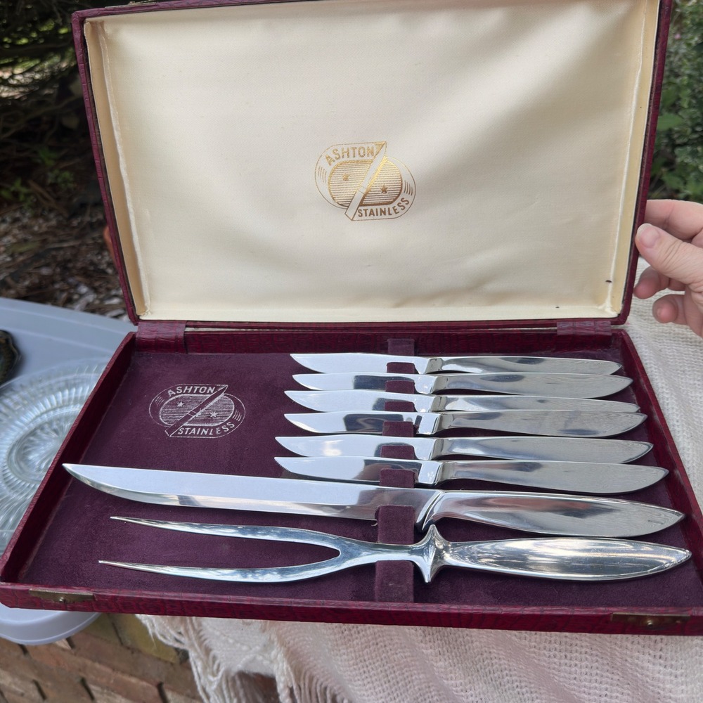 Ashton Carving Set 6 Steak Knives Sweden Stainless Steel MCM Boxed Vintage 8pc
